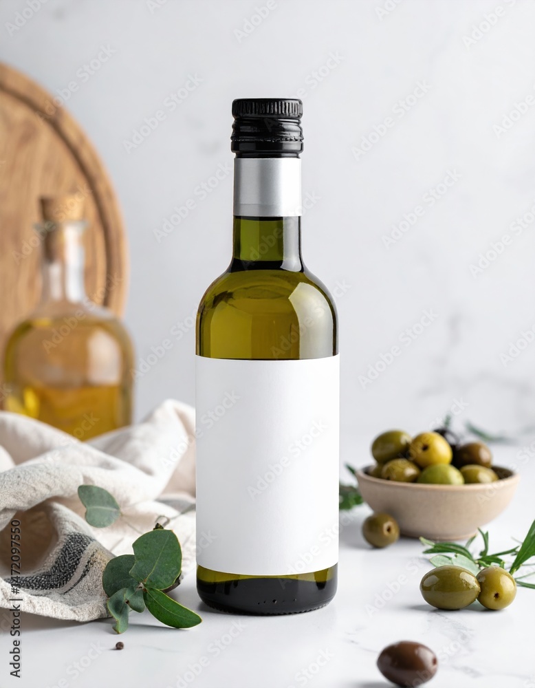 Obraz premium Olive oil bottle with blank label on kitchen countertop with fresh olives and herbs