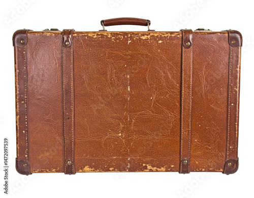 Obraz na płótnie Vintage Brown Leather Suitcase Isolated Travel Luggage Baggage Object Transparent w salonie