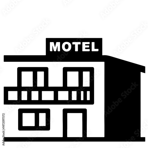 Simple black and white vector illustration of a motel building.