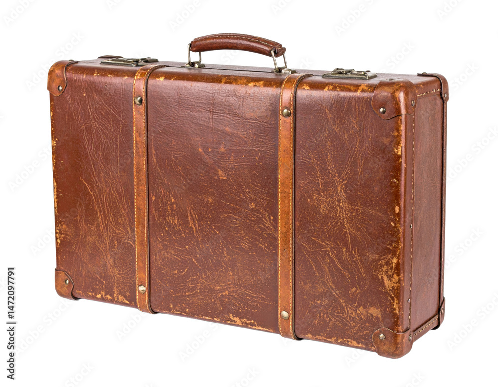 Vintage Brown Leather Suitcase Isolated Travel Baggage Luggage Transparent Background