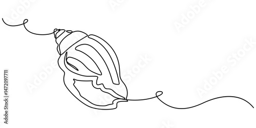 Continuous one line drawing of sea shell. Seashell symbol. Spa beauty and wellness salon banner in simple linear style,  Sea shells, mollusks, scallop, pearls. Tropical underwater shells continuous. 