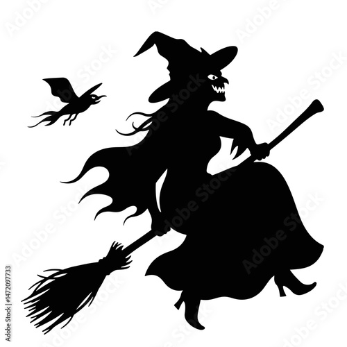 Silhouette of a witch flying on a broomstick with a bird. Black vector illustration on a white background. Halloween theme.