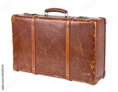 Obraz na płótnie Vintage Brown Leather Suitcase Isolated Travel Baggage Luggage Transparent Background w salonie