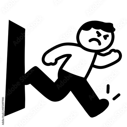 Angry person running into a wall, frustrated, stumbling, black and white vector illustration.