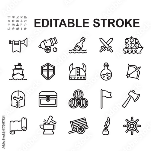 Collection of medieval related icons. Thin line style vectors. Contains icons such as kingdoms, ships, maps and many more.