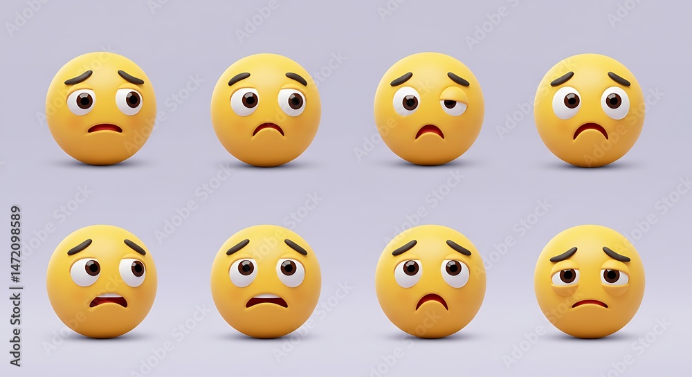 Fototapeta premium thinking emoji clipart character. 3d emoji character in round yellow graphic elements collection with curious, confused, guessing, sad, shocked and serious facial expressions. Thinking vector