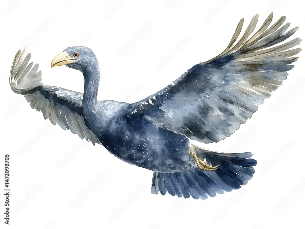 Obraz premium A detailed watercolor painting depicts a majestic blue bird in flight with wings spread wide against a white background.