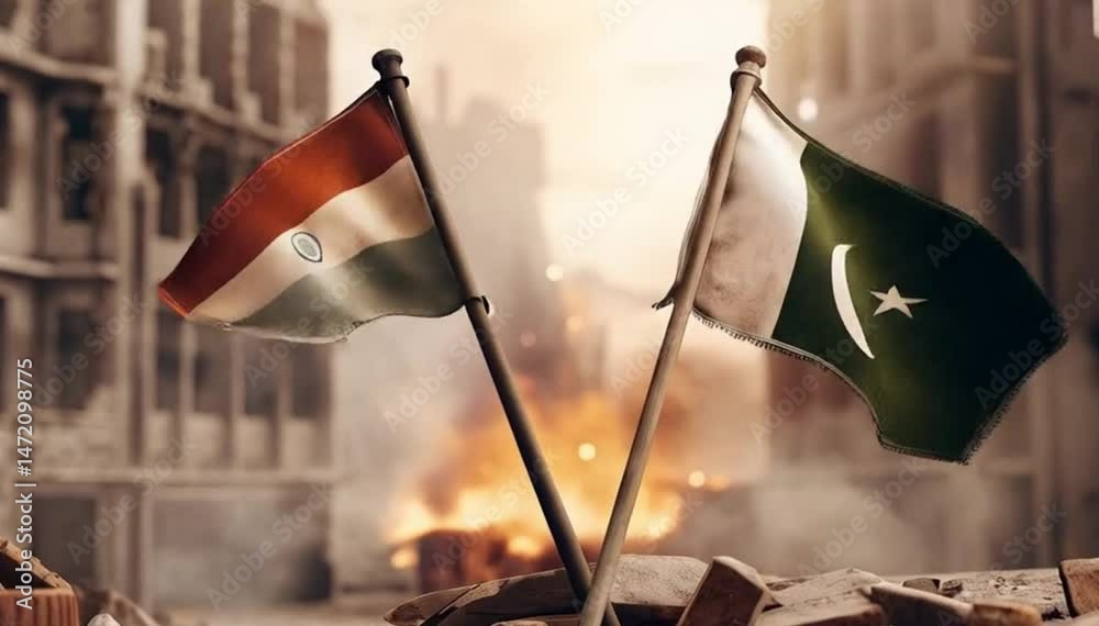 military conflict, india and pakistan, flags in the background, war scenario, AI