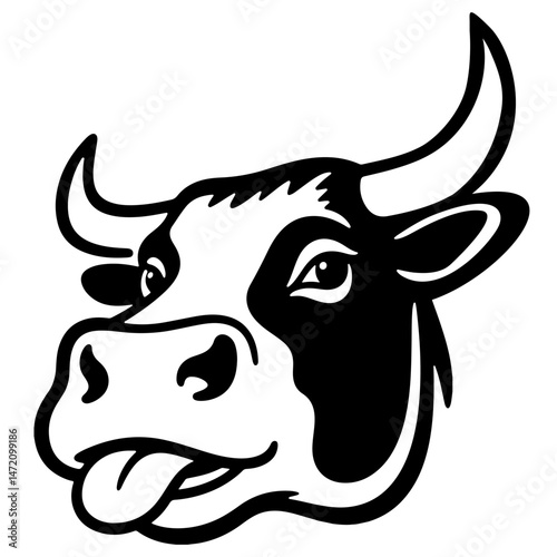 A playful black and white vector illustration of a cow's head with its tongue sticking out.