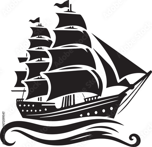 Vintage Black Silhouette of a Sailing Ship with Full Sails
