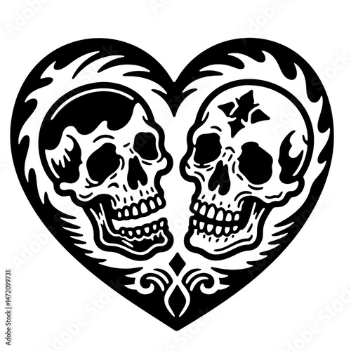Two skulls in a heart-shaped frame, black and white vector art, gothic style, romantic macabre.