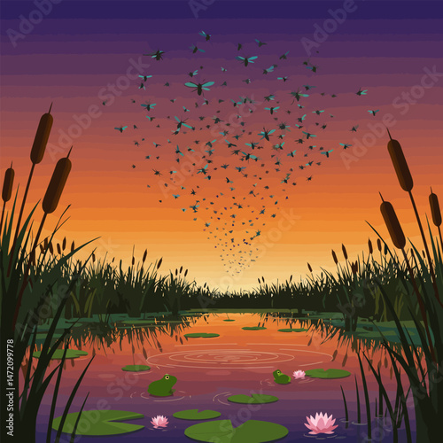 Swarm of Insects Rising Over Pond at Dusk with Frogs