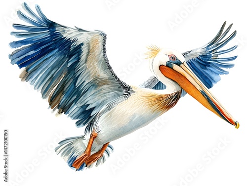 A majestic pelican in flight, wings outstretched, showcasing its vibrant plumage and powerful beak against a clean white background.