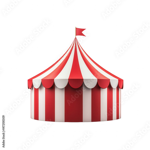 Colorful circus tent with red and white stripes, featuring a pointed top and a small flag