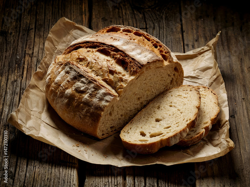 A rustic loaf of homemade bread with a golden-brown crust and a few sliced pieces rests on crumpled parchment paper atop a weathered wooden surface