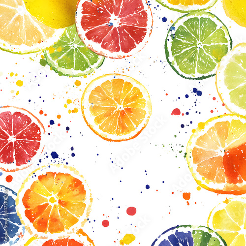 Colorful Citrus Fruit Watercolor Splash Background , Vibrant Lemon, Lime, Orange Art Print