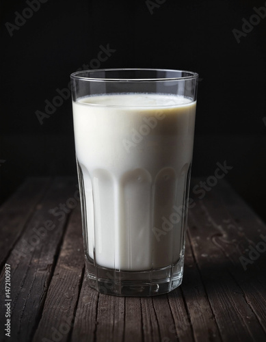 Glass of milk, minimalistic style, dark background, beverage photography
