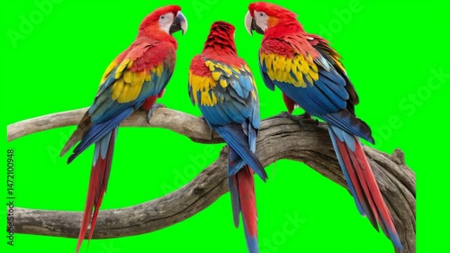 Three vibrant macaws perch on twisted branches against a bright green background.