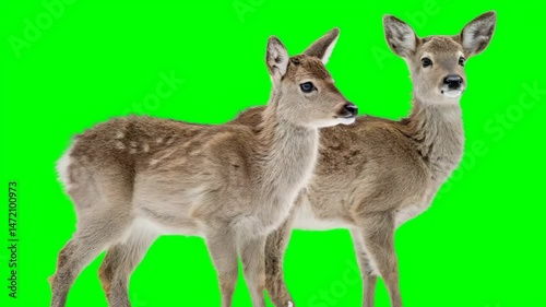 Two young deer standing side by side with a vivid green background.