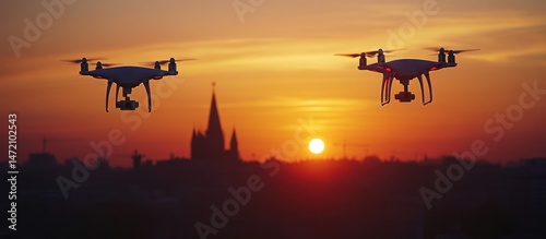 Drones flying at sunset over city