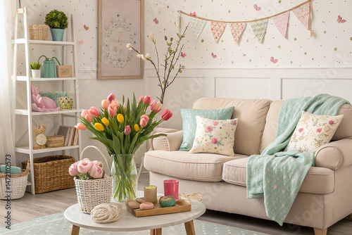 Interior design of spring living room with design sofa, furniture, vase with tulips, easter decorations, pillows and personal accessories. Home decor. Template. Easter holidays.