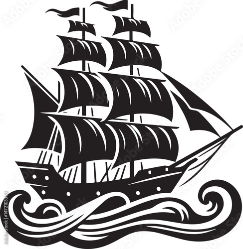 Vintage Black Silhouette of a Sailing Ship with Full Sails