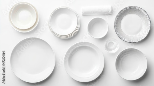 Various white dinnerware arranged on a white background