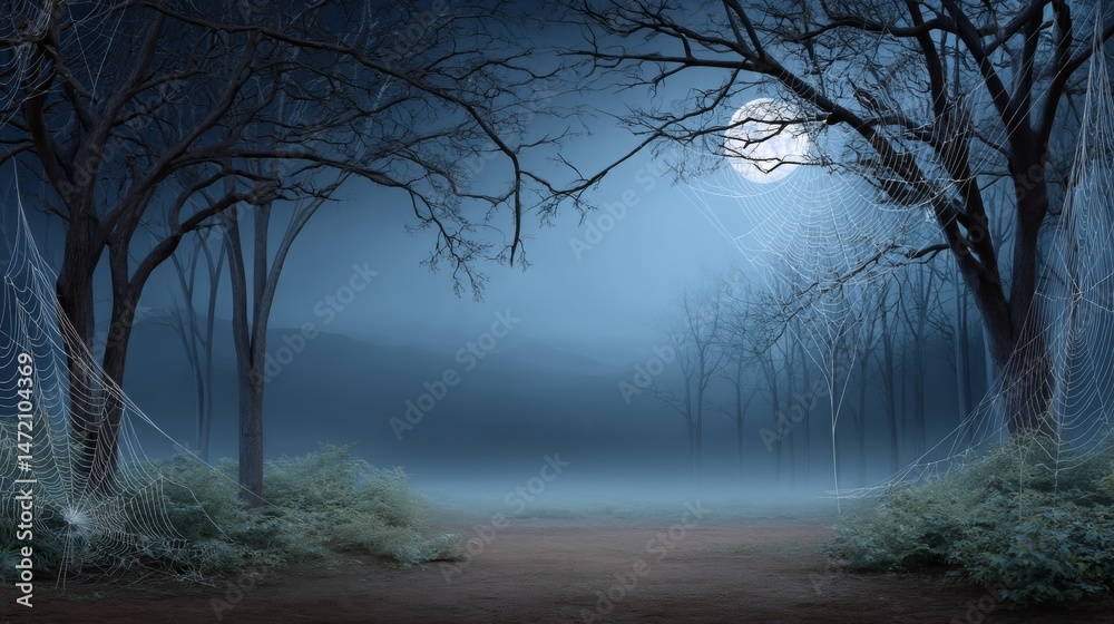 Obraz premium Eerie spider webs in misty moonlit forest setting for halloween or gothic themes
