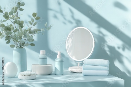 A serene spa-like scene with light blue accents and soft shadows, showcasing various skincare and beauty products