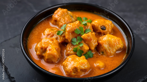 Aromatic Indian dish butter chicken, succulent meat smothered in rich, creamy masala sauce, served in a black bowl on dark slate.