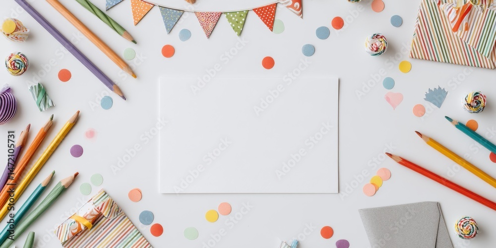 Fototapeta premium Colorful stationary and party supplies on a white surface.