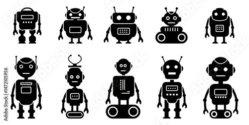 Collection of Retro Robot Illustrations Black and White Vector Icons