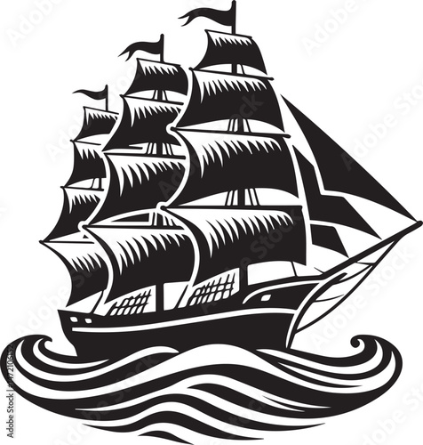Vintage Black Silhouette of a Sailing Ship with Full Sails