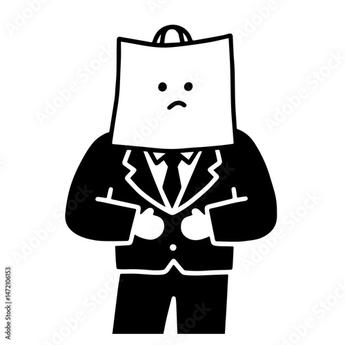 A sad businessman with a paper bag on his head. Black and white vector illustration. Simple style.