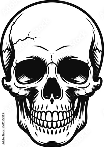 Detailed Skull Silhouette with Cracked Design, Transparent Background.