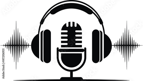 Headphones and Microphone with Sound Waves Vector Illustration.