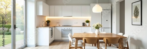 Contemporary kitchenette with breakfast bar and wooden dining table in white color scheme, inviting and elegant decor, breakfast, elegant, inviting