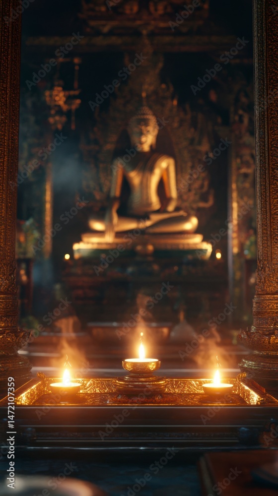 Fototapeta premium Serene Buddha Statue Surrounded by Warm Candles and Reflections