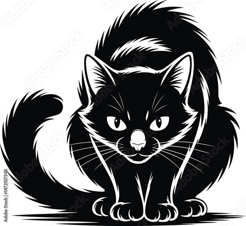 Black Cat Silhouette with Tail Raised Vector Design.