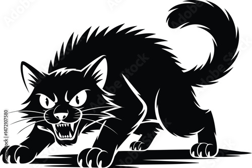 Halloween Angry Black Cat Silhouette with Growling Expression.