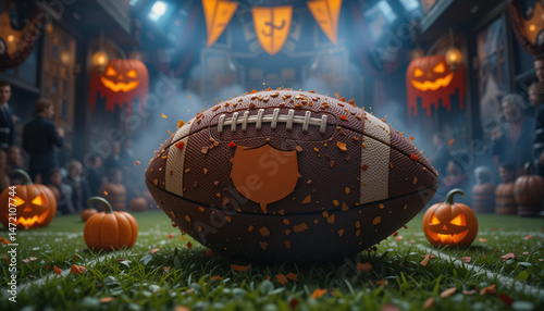 Halloween Football Spectacle: A spirited game unfolds, as a decorative football takes center stage amidst a Halloween-themed arena. Carved pumpkins cast an eerie glow.