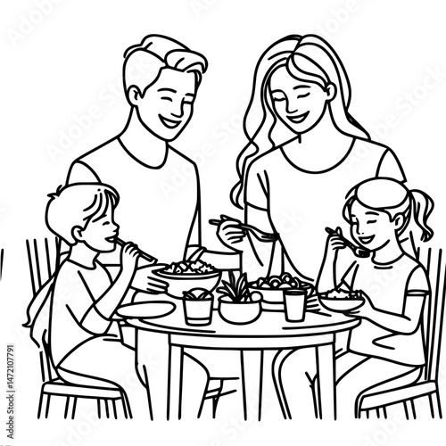 mother, father, daughter and son enjoying food together at dinner table, one line outline vector
