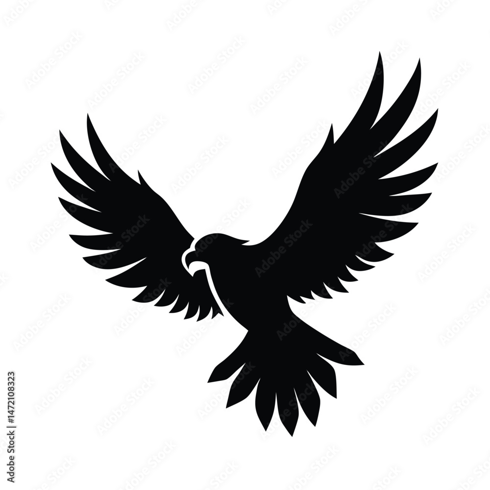 Obraz premium Silhouette of a majestic eagle soaring with spread wings against a clean white background