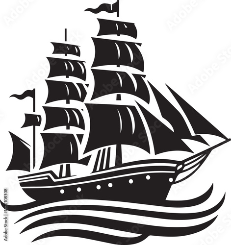 Vintage Black Silhouette of a Sailing Ship with Full Sails