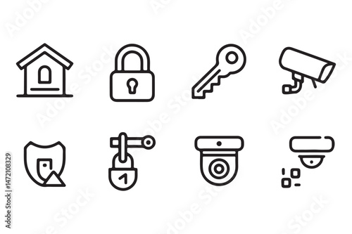 Set of minimalist security and protection icons representing home safety and surveillance elements
