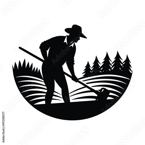 Black and white silhouette of a farmer working in the field with a hoe amongst trees.