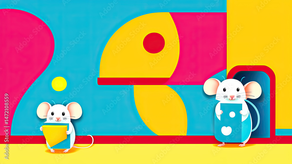 Naklejka premium Playful mice holding shapes in colorful abstract background