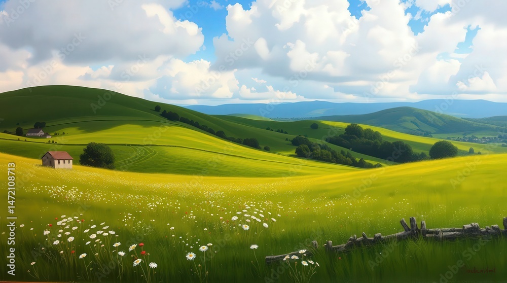 Fototapeta premium Serene Green Landscape with Rolling Hills and Dramatic Cloudscape