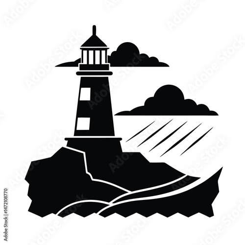 Vector illustration of a lighthouse on a rocky coastline with stormy clouds and rain against a white backdrop