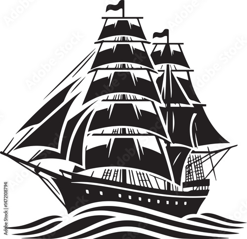 Vintage Black Silhouette of a Sailing Ship with Full Sails